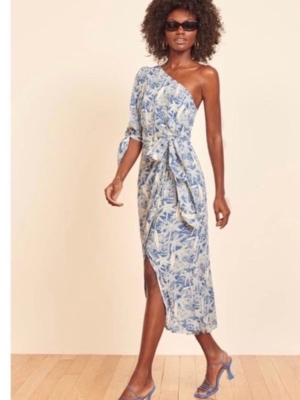 Reformation One-Shoulder Blue Floral Midi Dress